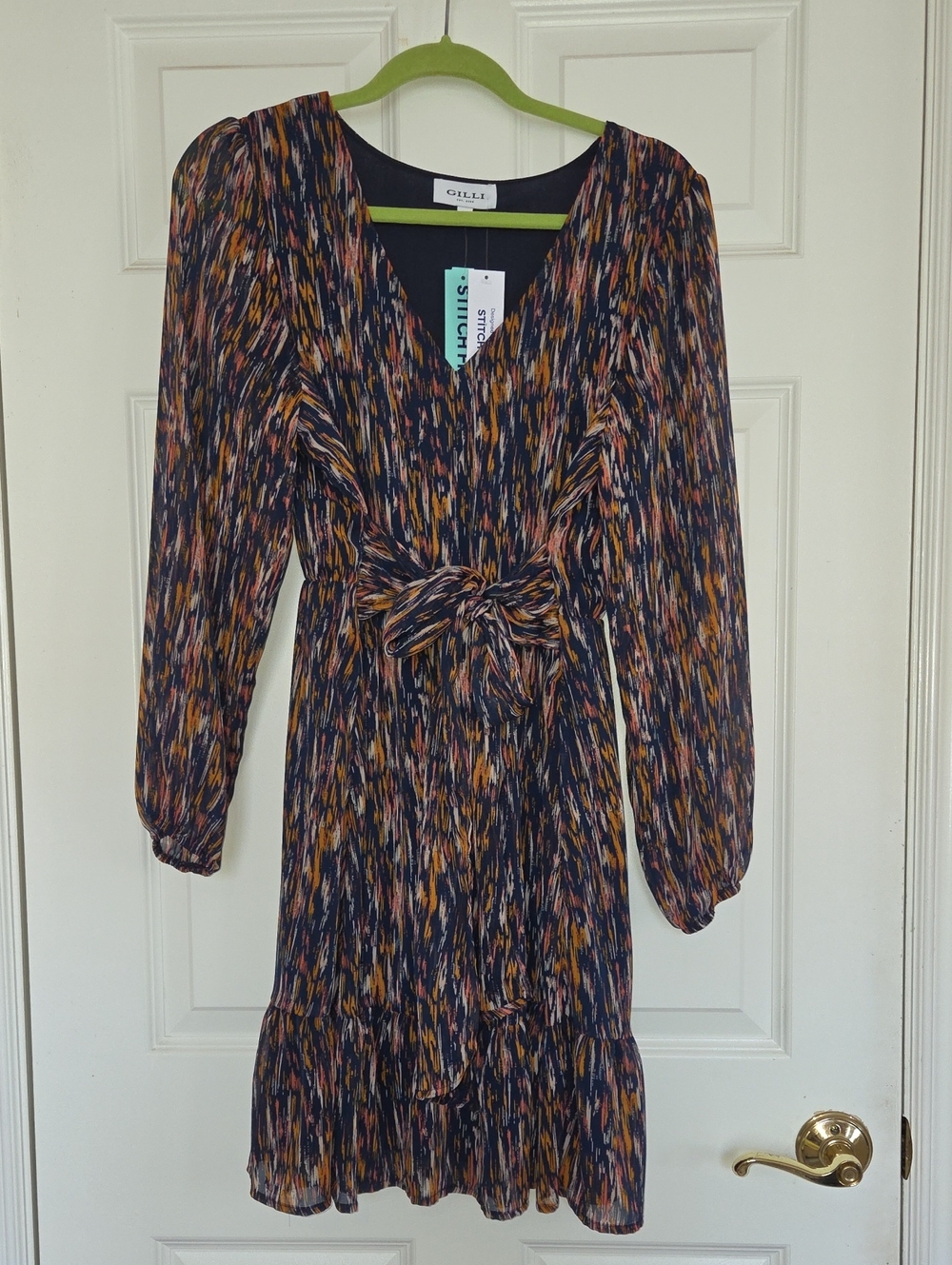V-Neck Tie-Waist Long Sleeve Dress